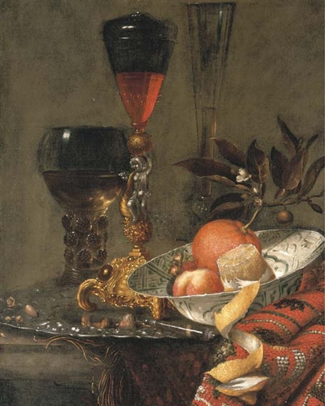 Still Life with Wan-li Kraak Porcelain Bowl, Peeled Lemon, Orange with Blossom…, vintage artwork by Workshop of Willem Kalf, 12x8" (A4) Poster