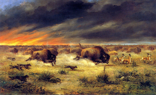 Herd of Buffalo Fleeing from a Prairie Fire, vintage artwork by Meyer Straus, 12x8" (A4) Poster