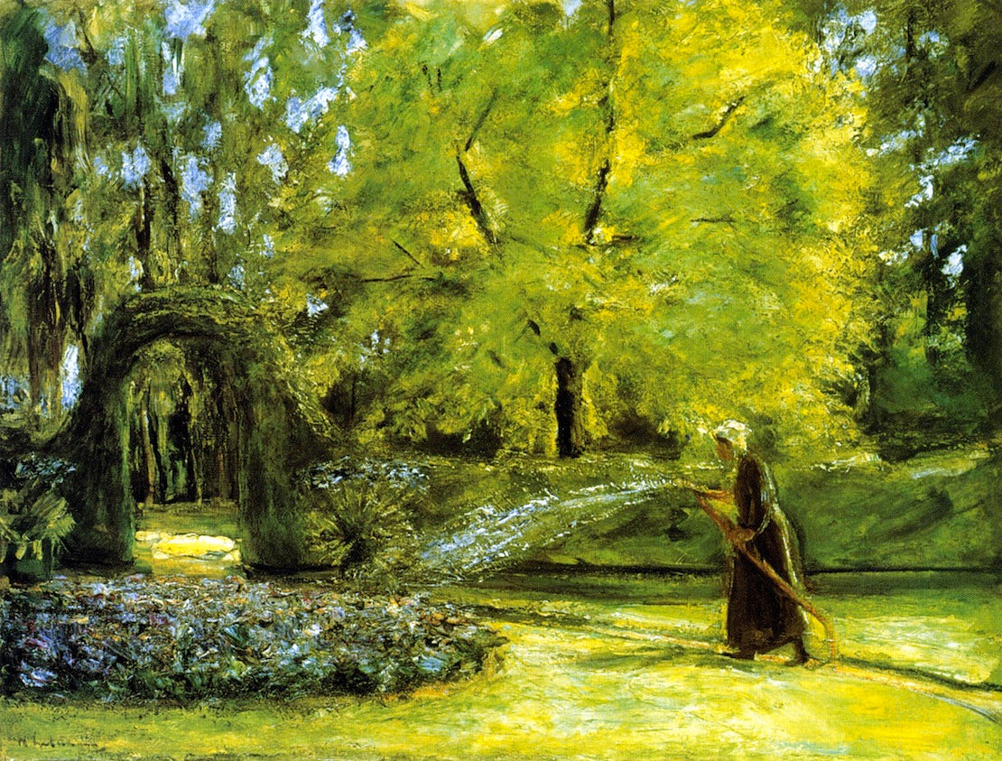 The Circular Bed in the Hedge Garden with a Woman Watering flowers, vintage artwork by Max Liebermann, 12x8" (A4) Poster