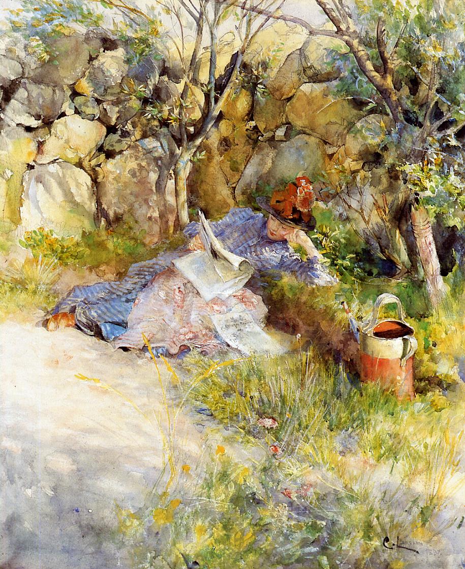 A Lady Reading a Newspaper, vintage artwork by Carl Larsson, 12x8" (A4) Poster