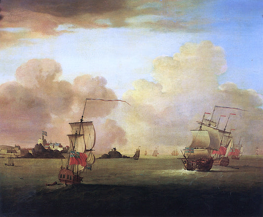 British Men-o'-War and a Merchatman off Elizabeth Castle, Jersey, vintage artwork by Peter Monamy, 12x8" (A4) Poster