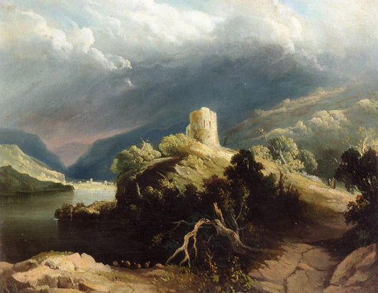 View of Dolbadern Castle, North Wales, vintage artwork by John Martin, 12x8" (A4) Poster