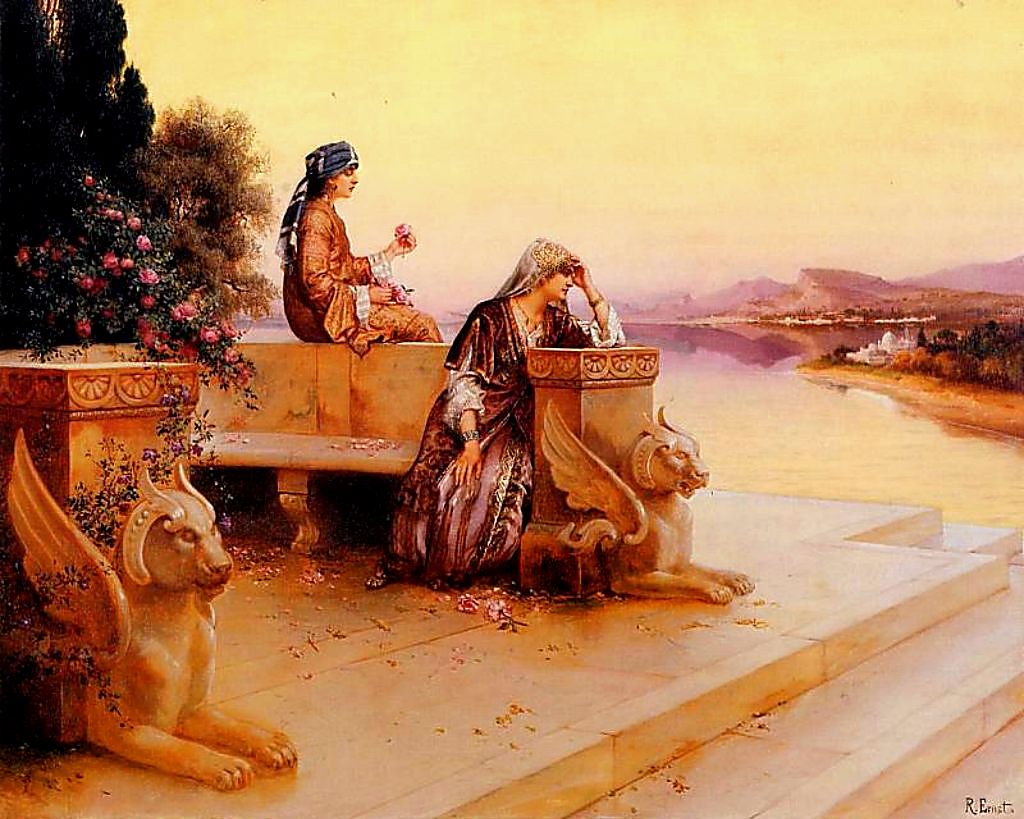 Elegant Arab Ladies on a Terrace at Sunset, vintage artwork by Rudolf Ernst, 12x8" (A4) Poster