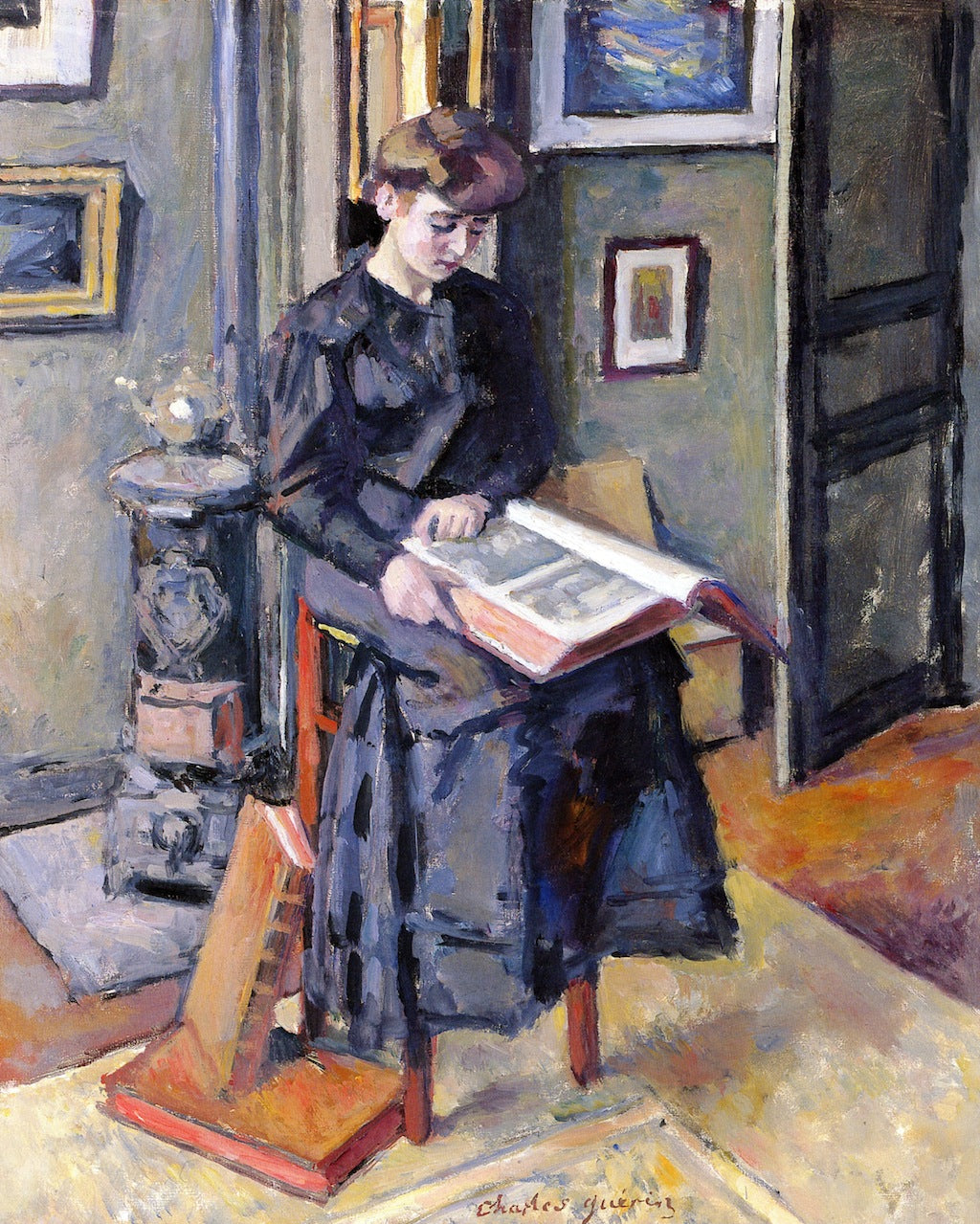 Girl Reading a Book by Charles Guérin,16x12(A3) Poster