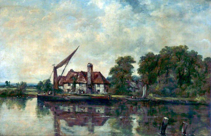 River Scene with Cottage, vintage artwork by Frederick Waters Watts, A3 (16x12