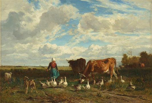 Le pâturage à la gardeuse d'oies (Cows and Geese in the Pastures), vintage artwork by Constant Troyon, A3 (16x12") Poster Print