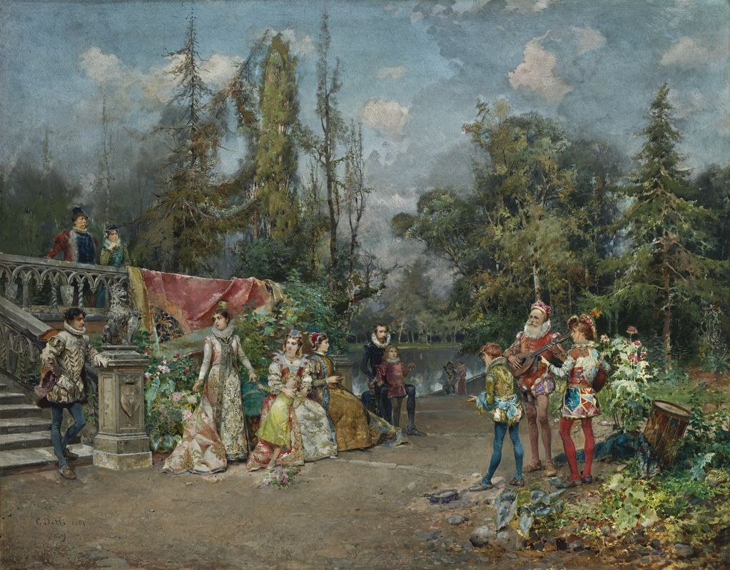 Venetian Court, Ministrel Scene, vintage artwork by Cesare Augusto Detti, 12x8" (A4) Poster