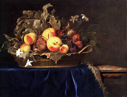 Still-Life with a Basket of Fruit on a Marble Ledge, vintage artwork by Willem van Aelst, 12x8" (A4) Poster
