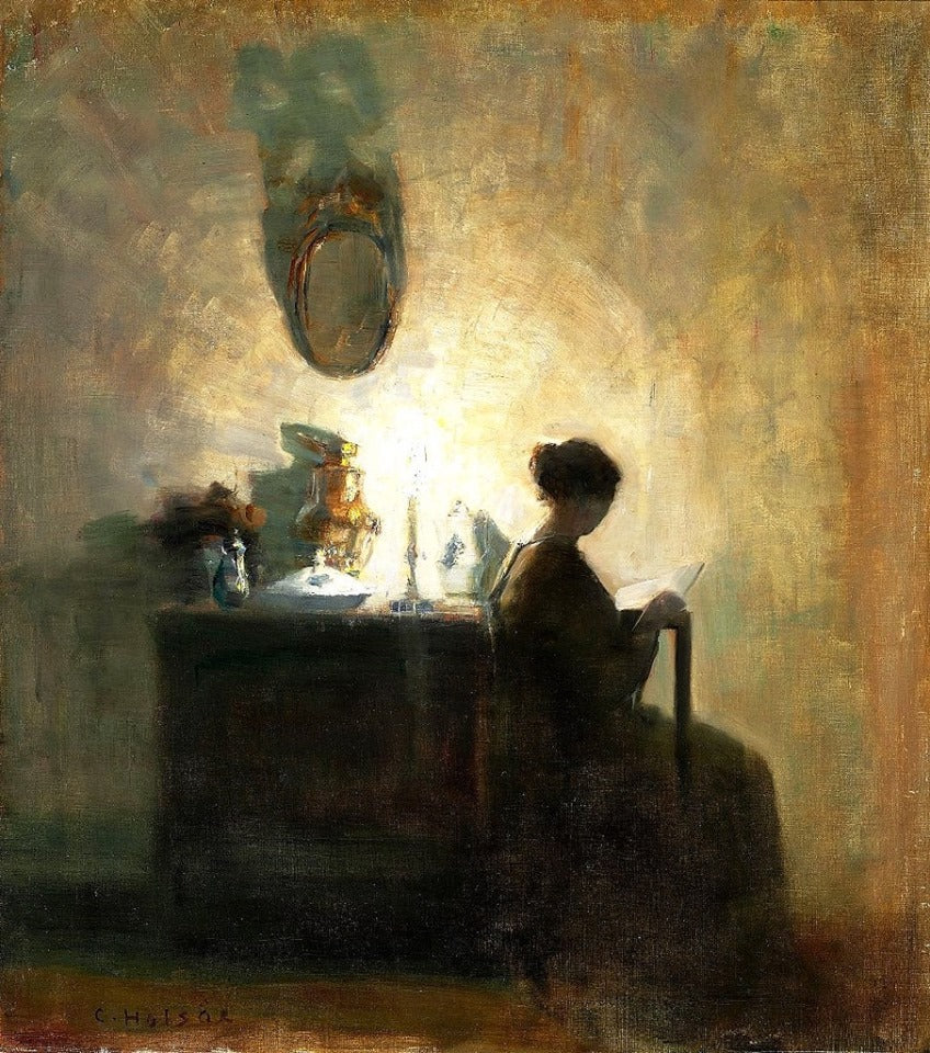 Interior with the artist's wife reading by  the candlelight, vintage artwork by Carl Vilhelm Holsøe, 12x8" (A4) Poster
