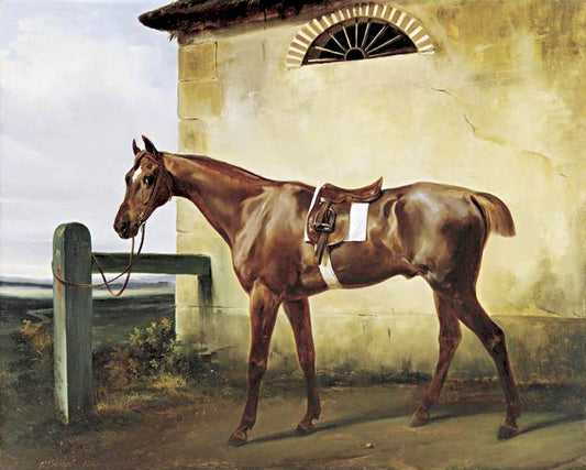 A Saddled Race Horse Tied to a Fence, vintage artwork by Horace Vernet, A3 (16x12") Poster Print