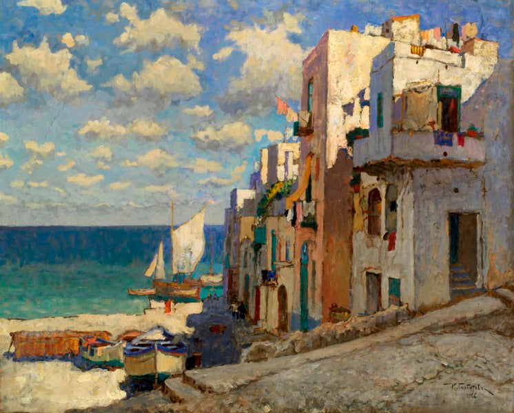 Fishermen Street, Capri, vintage artwork by Konstantin Gorbatov, 12x8" (A4) Poster