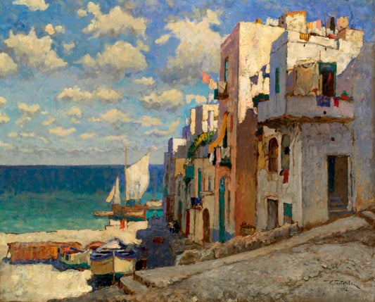 Fishermen Street, Capri, vintage artwork by Konstantin Gorbatov, 12x8" (A4) Poster