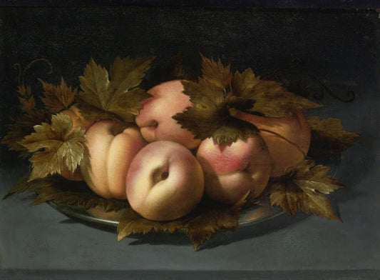 A Still Life of Peaches on a Pewter Plate, vintage artwork by Panfilo Nuvolone, 12x8" (A4) Poster