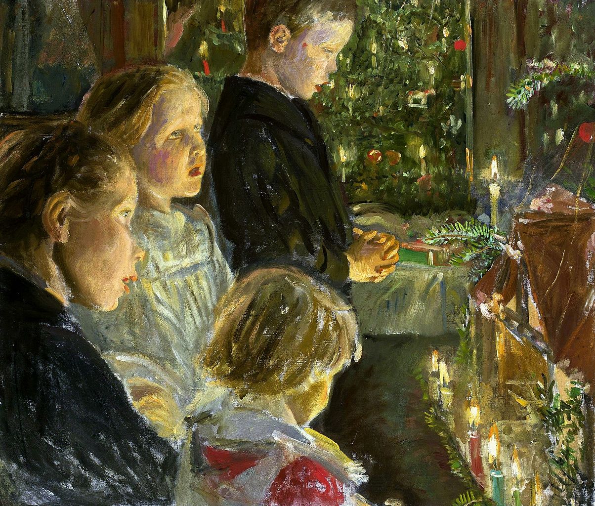 Children by  the Christmas Tree, vintage artwork by Leopold von Kalckreuth, 12x8" (A4) Poster