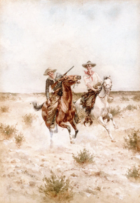 Two Cowboys on Horseback, vintage artwork by Herman W. Hansen, 12x8" (A4) Poster