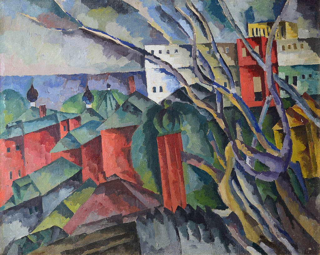 Landscape with Dry Trees and Tower, vintage artwork by Aristarkh Lentulov, 12x8" (A4) Poster