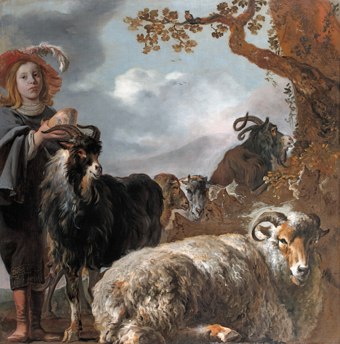 Shepherds boy with sheep and goats, vintage artwork by Jan Baptist Weenix, 12x8" (A4) Poster