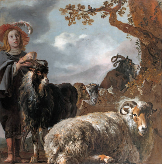 Shepherds boy with sheep and goats, vintage artwork by Jan Baptist Weenix, 12x8" (A4) Poster