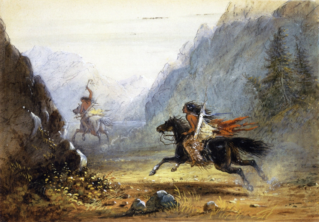 Snake Indian Pursuing a Crow Horse Thief, vintage artwork by Alfred Jacob Miller, A3 (16x12") Poster Print