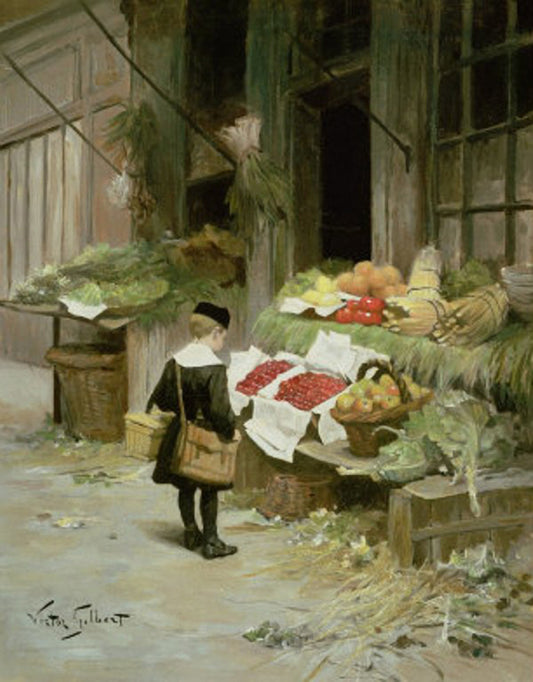 Little Boy at the Market, vintage artwork by Victor Gabriel Gilbert, 12x8" (A4) Poster