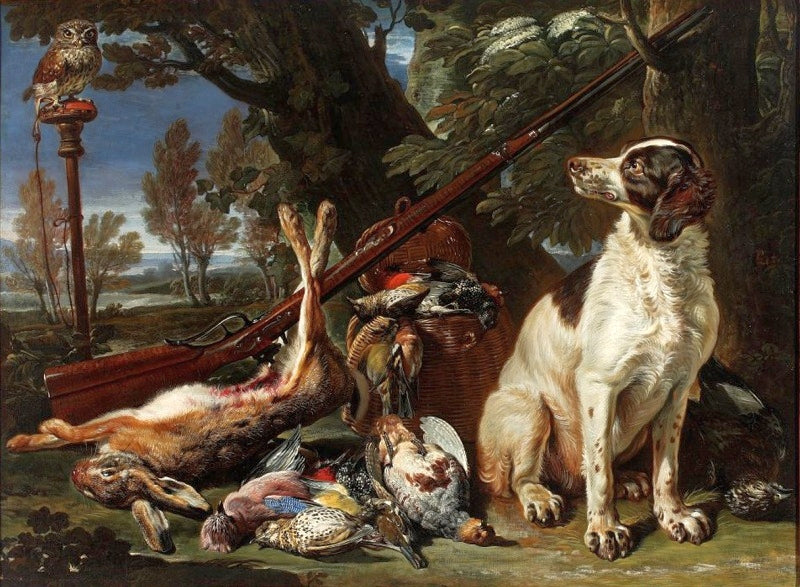 The hunter's trophy with a dog and an owl, vintage artwork by David de Coninck, 12x8" (A4) Poster