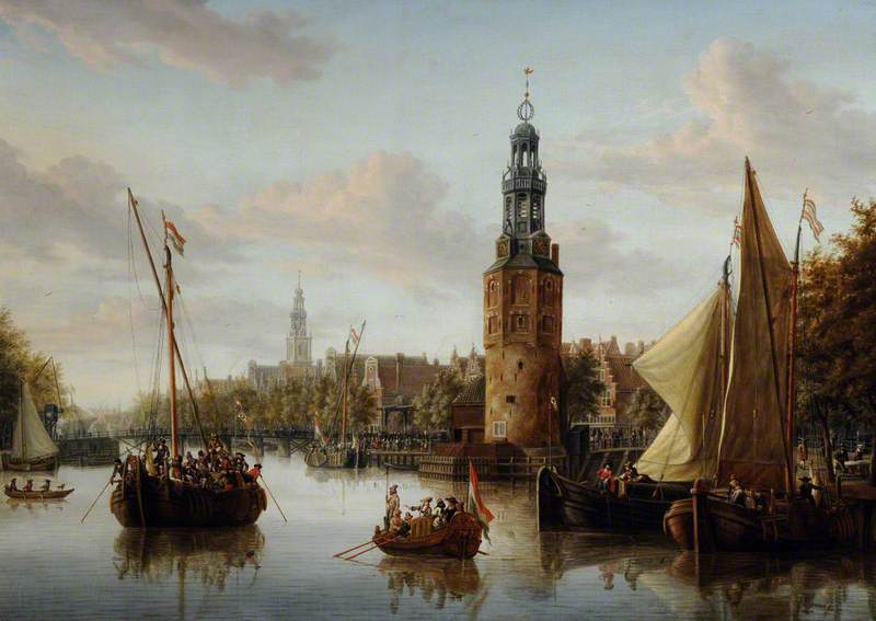 Harbour Scene, Amsterdam with the Montelbaans (Mint) Tower, vintage artwork by Abraham Jansz. Storck, 12x8" (A4) Poster