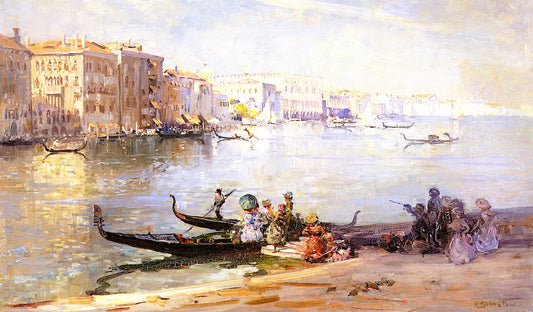 Blue Lagoon Fringed Round with Palaces, vintage artwork by Sir Arthur Streeton, 12x8" (A4) Poster