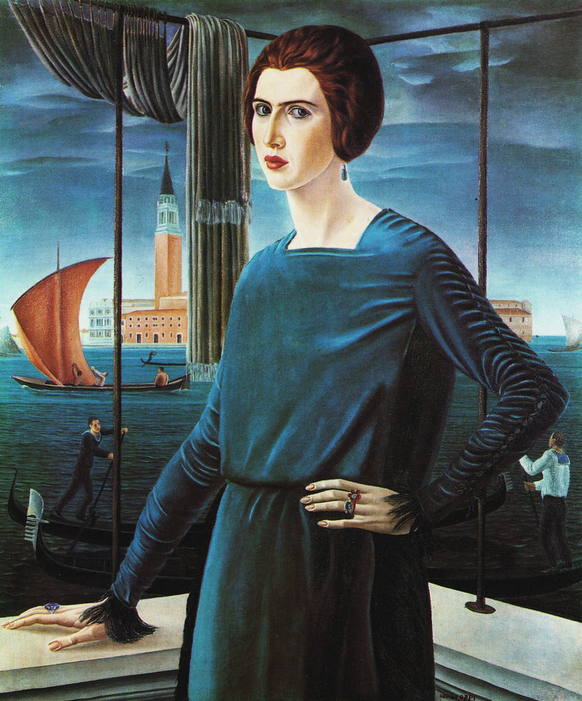 Portraits of the Artist's Wife with Venice in the background, vintage artwork by Ubaldo Oppi, 12x8" (A4) Poster