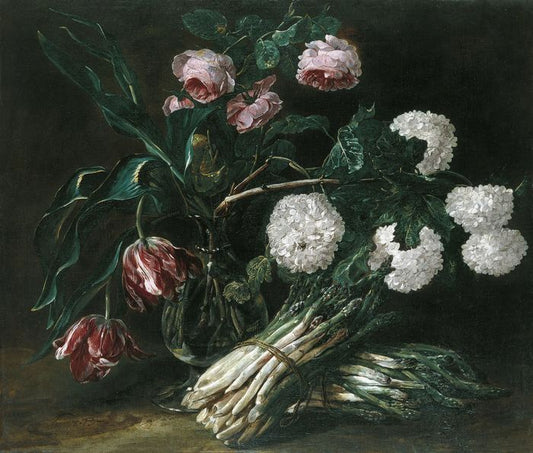 Vase of Flowers and two Bunch of Asparagus, vintage artwork by Jan Fyt, 12x8" (A4) Poster