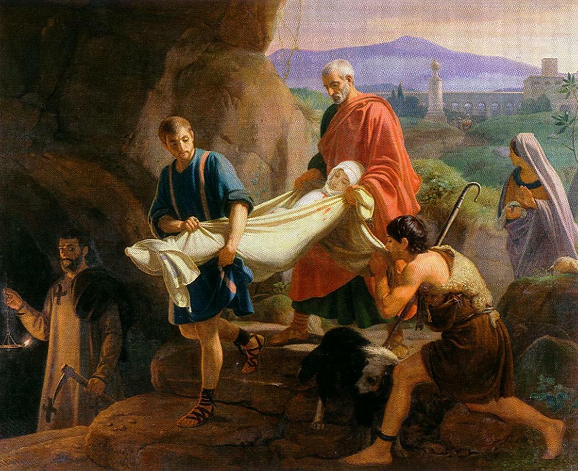 Funeral of a Young Martyr in the Catacombs of Rome, vintage artwork by Jean-Victor Schnetz, 12x8" (A4) Poster