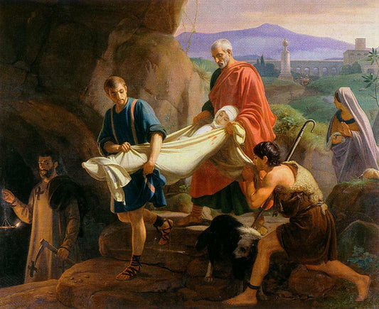 Funeral of a Young Martyr in the Catacombs of Rome, vintage artwork by Jean-Victor Schnetz, 12x8" (A4) Poster