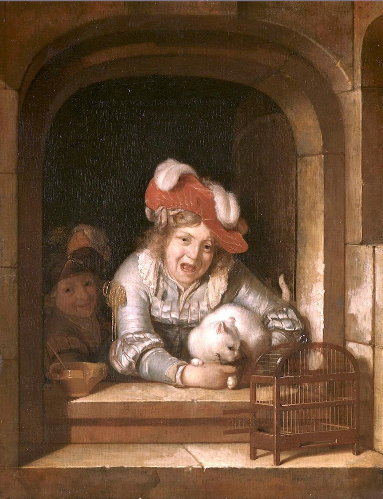Two Children playing with a Cat with a Bird in its Jaws, vintage artwork by Adriaen van der Werff, 12x8" (A4) Poster