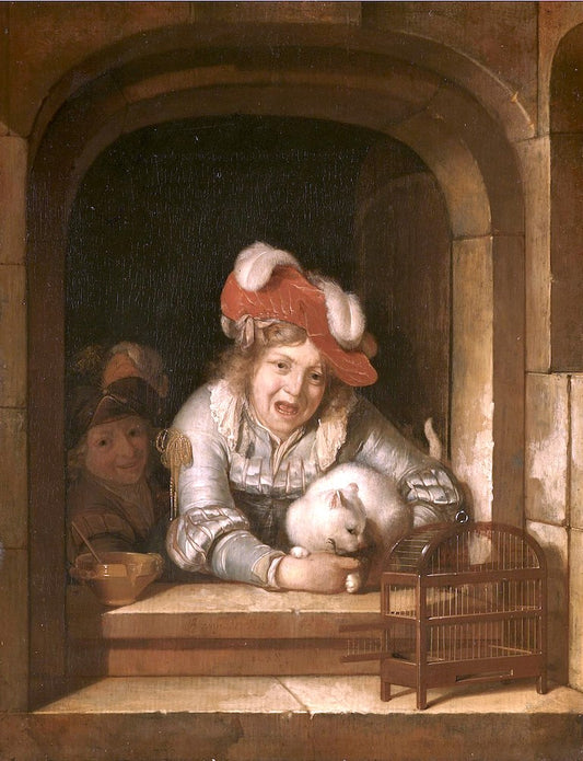Two Children playing with a Cat with a Bird in its Jaws, vintage artwork by Adriaen van der Werff, 12x8" (A4) Poster