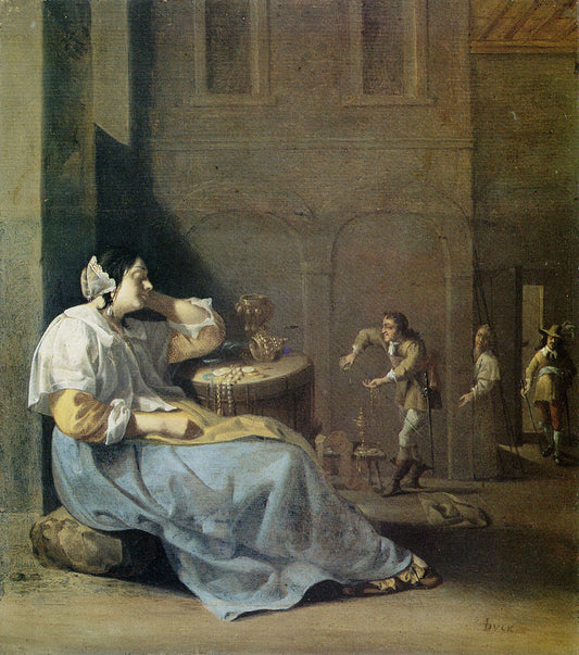 Interior with a Woman Sleeping, vintage artwork by Jacob Duck, 12x8" (A4) Poster