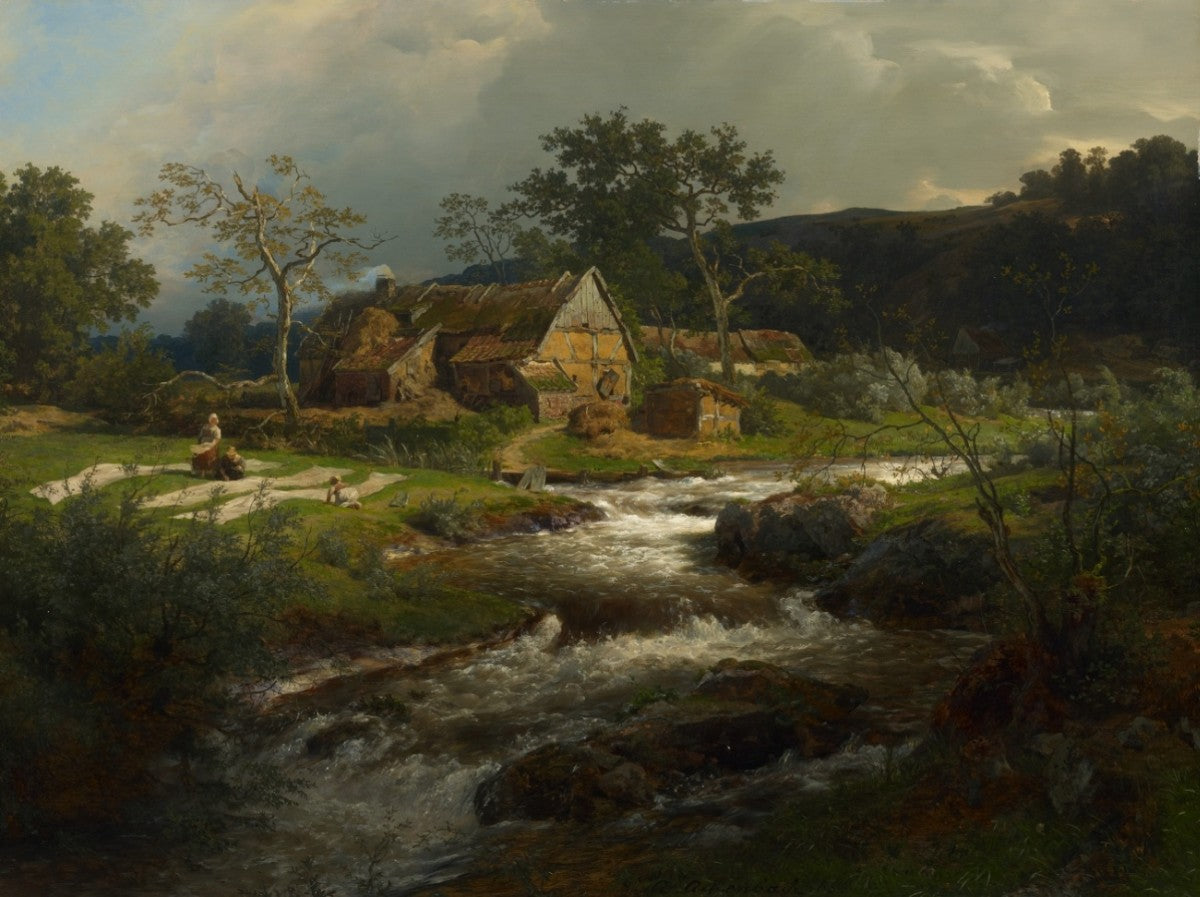 Landscape with Farmhouse and Mountain Torrent, vintage artwork by Andreas Achenbach, A3 (16x12") Poster Print