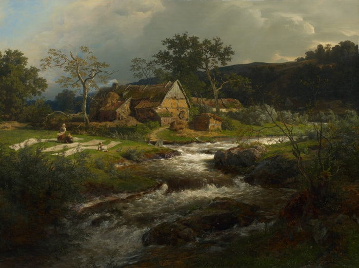 Landscape with Farmhouse and Mountain Torrent, vintage artwork by Andreas Achenbach, A3 (16x12