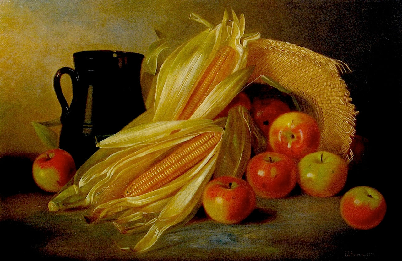 Autumn Still Life with Straw Hat, vintage artwork by Irving Lewis Bacon, 12x8" (A4) Poster