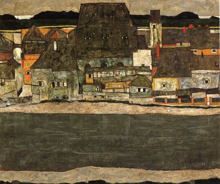 Houses by  the River II, vintage artwork by Egon Schiele, 12x8