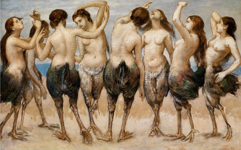 Eight dancing women with bird bodies, vintage artwork by Hans Thoma, 12x8" (A4) Poster