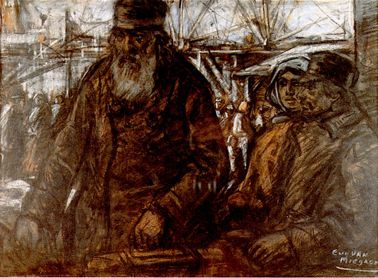 Emigrants at the Red Star Line Warehouse, vintage artwork by Eugeen van Mieghem, 12x8" (A4) Poster