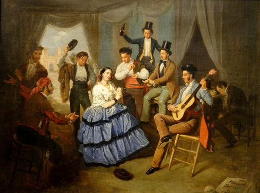 Baile en una caseta de Feria, vintage artwork by Manuel Cabral Aguado Bejarano, 12x8" (A4) Poster