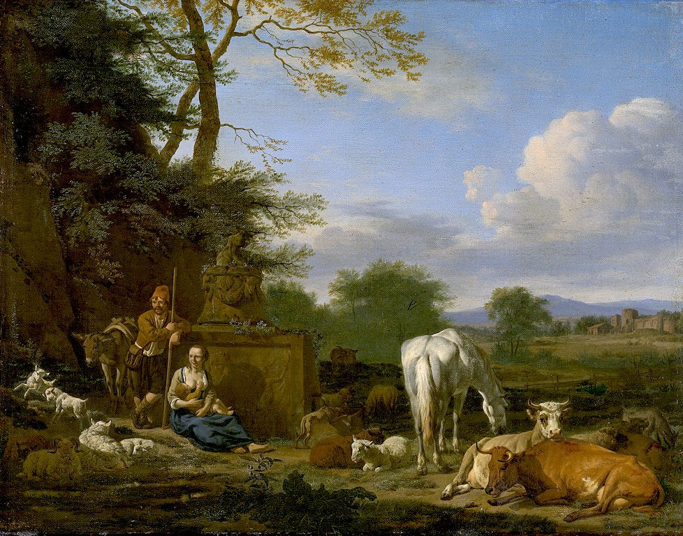 Arcadian Landscape with Resting Herdsmen and Cattle, vintage artwork by Adriaen van de Velde, 12x8" (A4) Poster