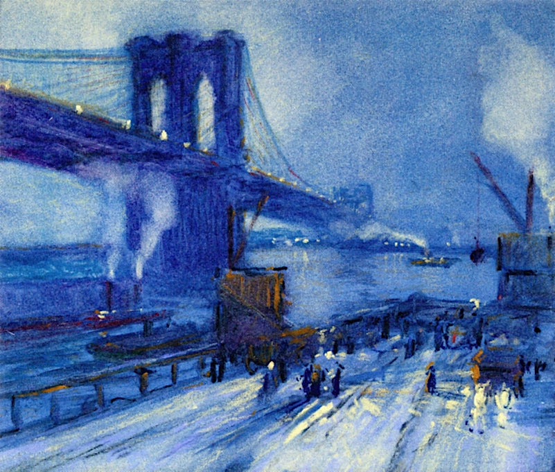 View of Brooklyn Bridge, vintage artwork by Jonas Lie, 12x8" (A4) Poster