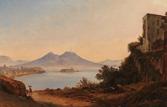 The Bay of Naples with Vesuvius and Castel dell'Ovo, vintage artwork by Franz Ludwig Catel, 12x8" (A4) Poster