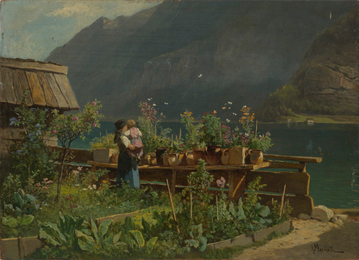 Garden on the Shore of Lake Hallstatt, vintage artwork by Leopold Munsch, 12x8" (A4) Poster