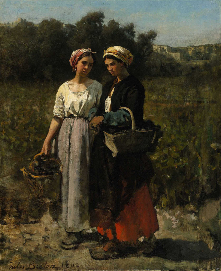 Two Young Women Picking Grapes (Study for The Vintage at Château Lagrange), vintage artwork by Jules-Adolphe Breton, 12x8" (A4) Poster