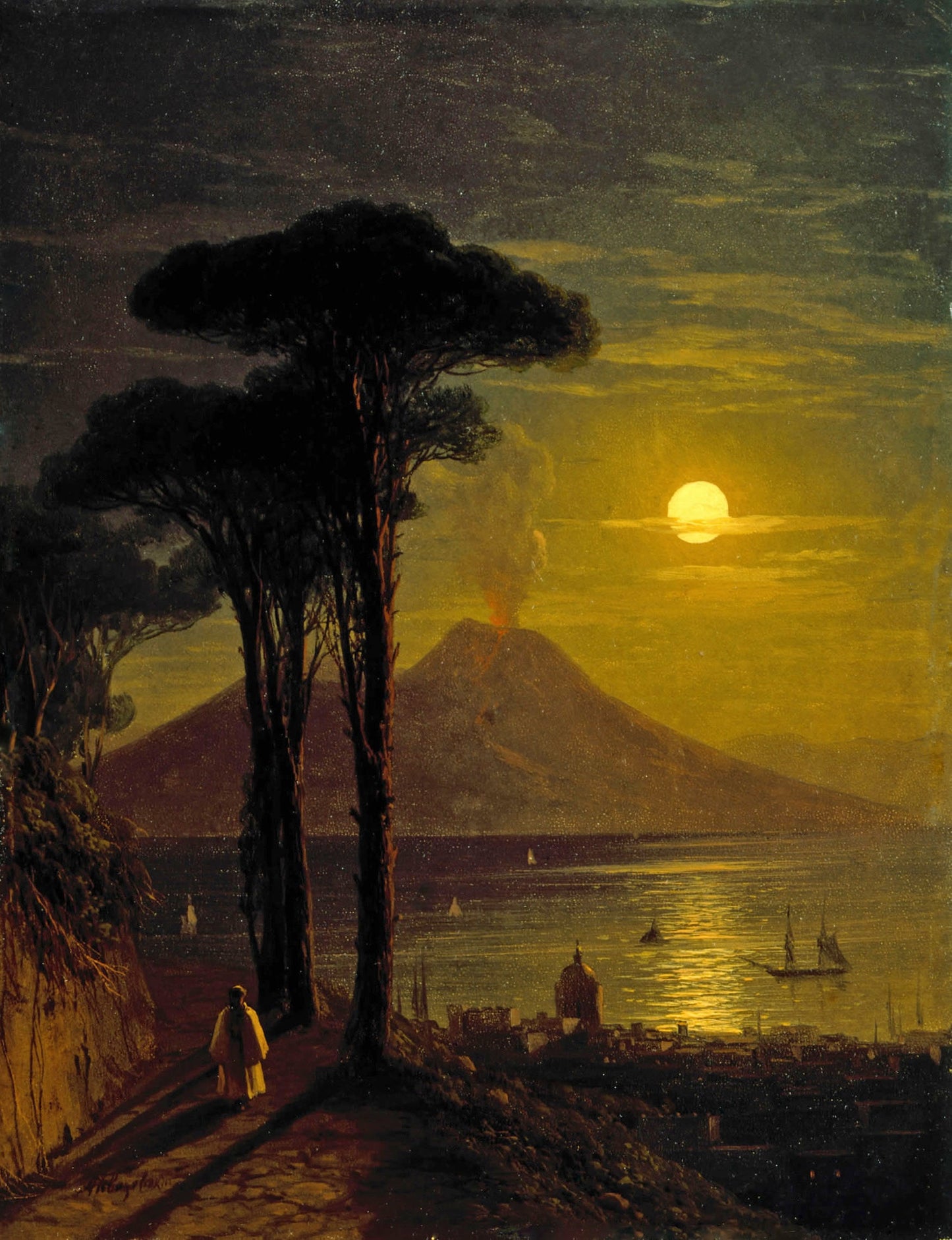 The Bay of Naples on a Moonlit Night and Vesuvius, vintage artwork by Ivan Constantinovich Aivazovsky, A3 (16x12") Poster Print