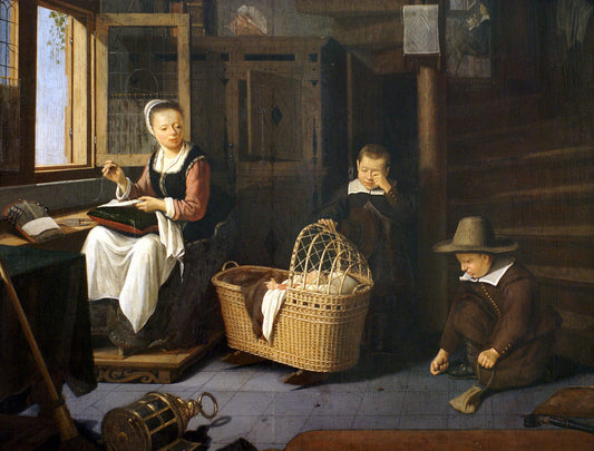 Sewing mother with two boys at a cradle, vintage artwork by Adriaen van Gaesbeeck, 12x8" (A4) Poster
