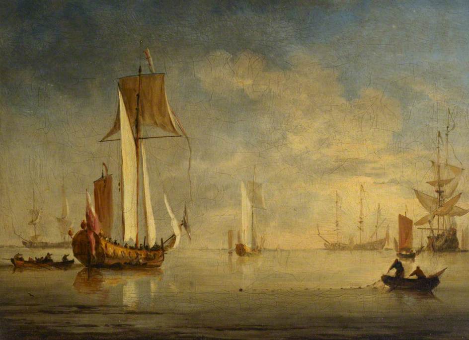 An English Royal Yacht under Sail with a Fishing Boat Laying a Net, vintage artwork by Willem van de Velde the Younger, 12x8" (A4) Poster