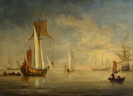 An English Royal Yacht under Sail with a Fishing Boat Laying a Net, vintage artwork by Willem van de Velde the Younger, 12x8" (A4) Poster